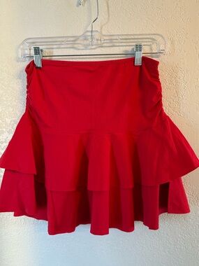 OQQ Red Ruffle Skort Size Large Stretchy Layered Mini Skirt Shorts